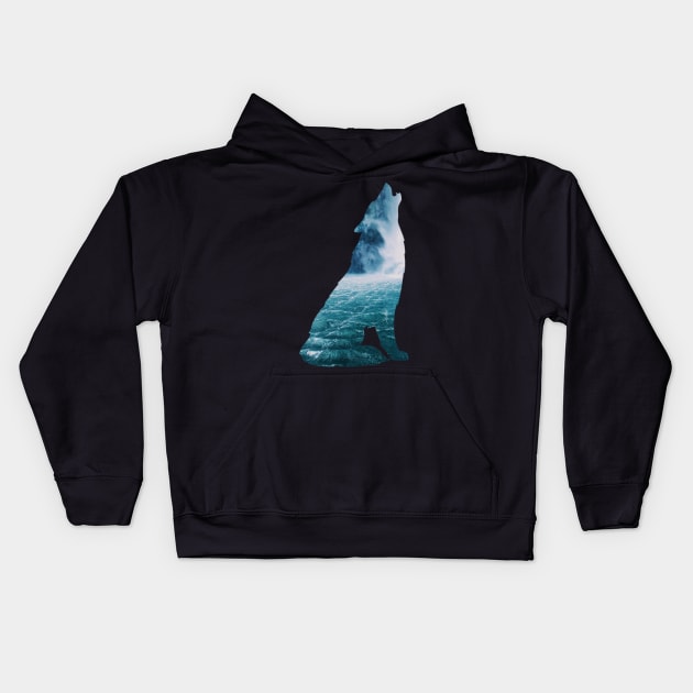 Misty howling wolf seascape Kids Hoodie by LukjanovArt